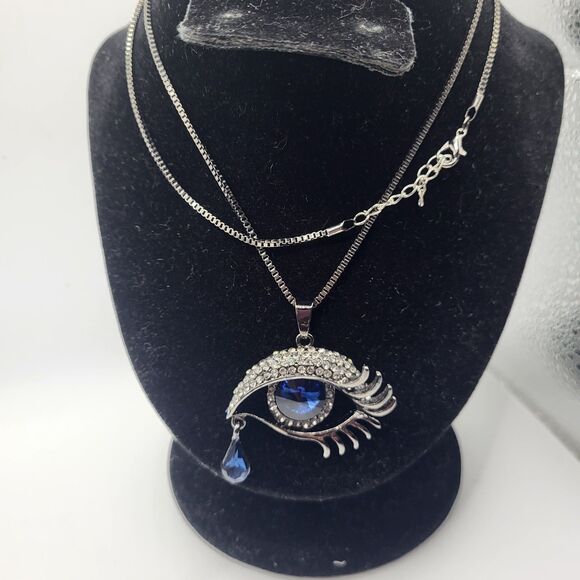 Gunmetal Silver Blue Eye Pendant Necklace 30in - Picture 2 of 4